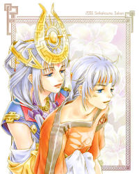 Rule 34 | 1boy, 1girl, arshtat falenas, blue eyes, crown, detached sleeves, freyjadour falenas, gensou suikoden, gensou suikoden v, hetero, hug, jewelry, lowres, mother and son, necklace, nyoro (artist), robe, silver hair