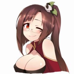 Rule 34 | 1girl, arc system works, bad id, bad pixiv id, bare shoulders, black bra, blazblue, blazblue: calamity trigger, blush, bra, breasts, brown hair, china dress, chinese clothes, cleavage, cleavage cutout, clothing cutout, dress, female focus, glasses, hair ornament, halterneck, lao jiu, large breasts, lingerie, litchi faye ling, long hair, one eye closed, oyaji-sou, panda, ponytail, red eyes, smile, solo, underwear, upper body, very long hair, wink