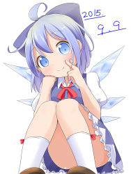 Rule 34 | 1girl, ahoge, blue dress, blue eyes, blue hair, bow, cirno, convenient censoring, convenient leg, dated, dress, hair bow, highres, ice, ice wings, knees together feet apart, looking at viewer, makuran, matching hair/eyes, puffy short sleeves, puffy sleeves, shirt, short sleeves, simple background, sitting, smile, solo, touhou, upskirt, wings