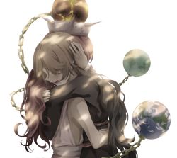 Rule 34 | absurdres, arm up, bare shoulders, belt, black belt, black dress, blonde hair, chain, chinese clothes, closed eyes, comforting, crying, dress, earth (ornament), gold chain, hair between eyes, hand on another&#039;s head, hand up, hecatia lapislazuli, highres, hug, junko (touhou), long hair, long sleeves, moon (ornament), no headwear, open mouth, otomeza ryuseigun, red hair, red headwear, shadow, simple background, sleeveless, tears, touhou, white background, white dress, white headwear, wide sleeves, wristband