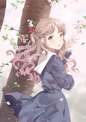 Rule 34 | 1girl, :o, arms up, belt, blue dress, blush, branch, brown hair, commentary, day, dress, from side, gradient background, gradient hair, grey background, hair ribbon, light blush, long hair, long sleeves, looking at viewer, multicolored hair, original, outdoors, peach blossom, petals, pink background, pink eyes, pink hair, ponytail, ribbon, sailor collar, sailor dress, solo, spring (season), tree, under tree, unya (unya-unya), white sailor collar, wind, wind lift
