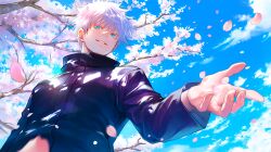 Rule 34 | 1boy, black jacket, blue eyes, blue sky, cherry blossoms, cloud, day, falling petals, from behind, gojou satoru, jacket, jujutsu kaisen, long sleeves, looking at viewer, male focus, outstretched arm, parted lips, petals, shibakawaiiii, sky, solo, spring (season), upper body, white hair