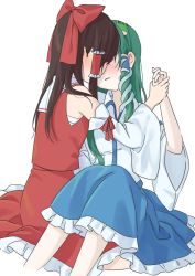 Rule 34 | 2girls, absurdres, arms up, back, bandages, bare shoulders, blue skirt, blush, bow, breasts, brown hair, collar, collared dress, collared shirt, detached sleeves, dress, frills, frog hair ornament, green hair, hair ornament, hair tubes, hakurei reimu, hand on another&#039;s arm, hands up, highres, kochiya sanae, long hair, long sleeves, looking at another, medium breasts, medium hair, multiple girls, open mouth, red bow, red dress, seiza, shirt, simple background, sitting, skirt, smile, snake hair ornament, touhou, tsuno no hito, white background, white shirt, wide sleeves, yuri