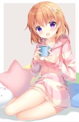 Rule 34 | 1girl, :d, absurdres, brown hair, character doll, commentary request, cup, gochuumon wa usagi desu ka?, hair between eyes, hair ornament, hairclip, highres, holding, holding cup, hood, hood down, hooded jacket, hoto cocoa, jacket, looking at viewer, mug, open mouth, pizzzica, purple eyes, sitting, smile, solo, star-shaped pillow, striped clothes, striped jacket, tippy (gochiusa), yokozuwari