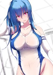 Rule 34 | 1girl, adjusting hair, ahoge, arm at side, arm up, azur lane, bad id, bad pixiv id, bakuretsu tenshi, bangsy, bare shoulders, blue hair, blurry, blurry background, blush, breasts, cleavage, collarbone, competition swimsuit, covered navel, dripping, elbow gloves, gloves, groin, hand in own hair, highres, indoors, large breasts, long hair, looking at viewer, one-piece swimsuit, pink eyes, ponytail, shiworiita, skin tight, solo, st. louis (azur lane), standing, swimsuit, tsurime, upper body, water, wet, wet clothes, wet swimsuit, white gloves, white one-piece swimsuit