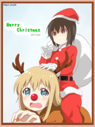 Rule 34 | 2girls, animal costume, antlers, belt, blonde hair, blue eyes, brown eyes, brown hair, christmas, cosplay, dated, english text, funami yui, hand on another&#039;s head, hat, horns, merry christmas, multiple girls, reindeer antlers, reindeer costume, ren kon, riding, rudolph the red nosed reindeer, rudolph the red nosed reindeer (cosplay), sack, santa costume, santa hat, sitting, toshinou kyouko, yuru yuri