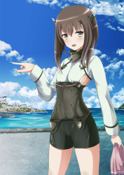 Rule 34 | 10s, 1girl, bike shorts, blush, brown hair, cloud, day, dock, flat chest, headgear, highres, inoshira, kantai collection, long hair, looking at viewer, open mouth, pointing, sky, solo, standing, taihou (kancolle), yellow eyes