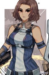 Rule 34 | 1girl, armband, artist name, belt, blue shirt, breasts, brown eyes, brown hair, commentary, covered navel, dark-skinned female, dark skin, english commentary, highres, looking at viewer, medium breasts, monica (xenoblade), none1504, shirt, short hair, sleeveless, sleeveless shirt, solo, utility belt, xenoblade chronicles (series), xenoblade chronicles 3