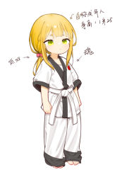 Rule 34 | 1girl, barefoot, belt, blonde hair, bow, child, chinese commentary, commentary request, dougi, full body, green eyes, hair bow, karate gi, long hair, low twintails, martial arts belt, mrw, original, pants, ribbon, shirt, short sleeves, simple background, solo, toes, twintails, white background, white belt, white pants, white shirt