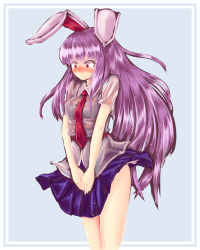 Rule 34 | 1girl, animal ears, bare legs, blush, bra, covering privates, covering crotch, dress shirt, embarrassed, full-face blush, highres, kys (k-k2), lingerie, long hair, necktie, nose blush, pleated skirt, purple hair, rabbit ears, red eyes, red necktie, reisen udongein inaba, see-through, shirt, short sleeves, skirt, solo, touhou, underwear, very long hair, wavy mouth, wet, wet clothes, wet shirt, white bra, white shirt
