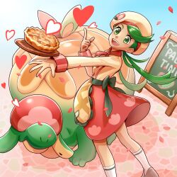 Rule 34 | 1girl, :d, apple pie, appletun, apron, bow, buttons, commentary, creatures (company), eyelashes, falling petals, ffccll, game freak, gen 8 pokemon, green bow, green eyes, green hair, heart, highres, index finger raised, long hair, long sleeves, mallow (palentine&#039;s 2023) (pokemon), mallow (pokemon), nintendo, official alternate costume, open mouth, outstretched arm, petals, pie, pokemon, pokemon (creature), pokemon masters ex, shirt, shoes, sign, skirt, smile, socks, standing, teeth, tongue, twintails, upper teeth only, waist apron, white socks, yellow apron