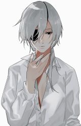 Rule 34 | 1girl, 3o c, black eyes, chainsaw man, cigarette, collared shirt, eyepatch, grey hair, highres, holding, holding cigarette, quanxi (chainsaw man), shirt, simple background, smoke, smoking, solo, unbuttoned, unbuttoned shirt, white background, white shirt