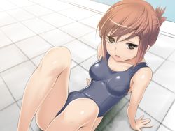 Rule 34 | 1girl, brown eyes, brown hair, folded ponytail, one-piece swimsuit, original, poolside, school swimsuit, short hair, sitting, soshina nohito, swimsuit