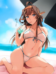 Rule 34 | 1girl, ahoge, alternate costume, arm support, beach, beach towel, beach umbrella, bikini, blue eyes, blue sky, breasts, brown hair, cleavage, closed mouth, cloud, collarbone, cup, day, disposable cup, double bun, drinking, drinking straw, front-tie bikini top, front-tie top, headgear, kantai collection, kongou (kancolle), large breasts, long hair, looking at viewer, multi-strapped bikini, navel, ocean, outdoors, sand, shadow, sidelocks, sitting, skindentation, sky, solo, swimsuit, thighs, towel, umbrella, white bikini, zekkyon