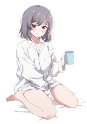 Rule 34 | 1girl, barefoot, between legs, blush, breast pocket, closed mouth, collared shirt, cup, dot nose, feet, grey hair, hair between eyes, hand between legs, highres, holding, holding cup, idoly pride, kanzaki rio, long sleeves, looking at viewer, medium hair, mug, naked shirt, open collar, plum (arch), pocket, purple eyes, shirt, simple background, sitting, sleeves past wrists, smile, solo, toes, wariza, white background