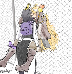 2girls absurdres animal_ears belt_pouch black_hair black_pants blake_belladonna blonde_hair boots brown_footwear brown_jacket brown_pants carrying carrying_person cat_ears chain-link_fence commentary english_commentary fence frolicdragold gloves highres jacket kiss long_hair long_sleeves medium_hair multiple_girls orange_gloves pants pouch rwby white_jacket yang_xiao_long yuri