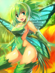 Rule 34 | 1girl, breasts, bug, butterfly, character request, edobox, fairy, green eyes, green hair, bug, matching hair/eyes, sideboob, smile, solo, wings