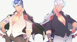Rule 34 | 2boys, alternate eye color, alternate hair color, bara, fiery horns, horns, jacket, jacket on shoulders, looking to the side, male focus, multiple boys, muscular, muscular male, partially unbuttoned, pectoral cleavage, pectorals, red eyes, sakimori toji, sheath, sheathed, short hair, sideburns, sleeves pushed up, sword, tokyo houkago summoners, touoh, weapon, white hair