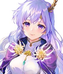 Rule 34 | 1girl, absurdres, breasts, commentary request, deirdre (fated saint) (fire emblem), deirdre (fire emblem), dress, eyelashes, fire emblem, fire emblem: genealogy of the holy war, fire emblem heroes, flower, highres, jurge, long hair, lotus, medium breasts, nintendo, purple eyes, purple hair, simple background, smile, solo, upper body, white background, white dress, yellow flower