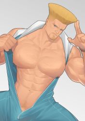 Rule 34 | 1boy, abs, bara, bare pectorals, biceps, blonde hair, blue eyes, bulge, chest hair, facial hair, feet out of frame, flaccid, goatee, guile, hairy, highres, hunterkay, large pectorals, looking at viewer, male focus, male pubic hair, mature male, muscular, muscular male, navel, navel hair, nipples, no male underwear, open jumpsuit, pectorals, penis, penis peek, pubic hair, salute, short hair, sideburns, solo, stomach, street fighter, street fighter 6