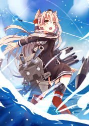 Rule 34 | 10s, 1girl, amatsukaze (kancolle), blue sky, brown eyes, day, dress, garter straps, hair tubes, headgear, highres, kantai collection, long hair, long sleeves, machinery, neckerchief, ocean, open mouth, red thighhighs, rensouhou-kun, sailor collar, sailor dress, si xia daze, silver hair, sky, standing, standing on liquid, striped clothes, striped thighhighs, thighhighs, torpedo, two side up