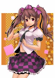Rule 34 | 1girl, brown hair, cellphone, checkered clothes, checkered skirt, female focus, hat, himekaidou hatate, long hair, namine0079, necktie, phone, pointy ears, red eyes, skirt, solo, tokin hat, touhou, twintails
