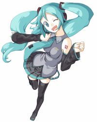 Rule 34 | boots, detached sleeves, green eyes, green hair, hatsune miku, headphones, heisa, laughing, long hair, miniskirt, necktie, one eye closed, simple background, skirt, solo, standing, thigh boots, thighhighs, twintails, vocaloid, wink, zettai ryouiki