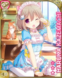 Rule 34 | 1girl, animal ears, apron, blue dress, blush, bow, brown hair, cafe, cat, cat ears, cat hair ornament, cat tail, character name, dress, fake animal ears, fake tail, girlfriend (kari), hair ornament, indoors, kazemachi haruka, looking at viewer, official art, one eye closed, open mouth, pink bow, pink eyes, qp:flapper, short hair, sitting, smile, solo, tagme, tail, white apron, white headdress, yellow bow