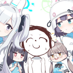 Rule 34 | 1boy, 4girls, angel&#039;s 24 uniform (blue archive), apron, black bow, black bowtie, black hair, blue apron, blue archive, blue eyes, blue halo, bow, bowtie, brown hair, doodle sensei (blue archive), glasses, green halo, grey headwear, halo, long hair, looking at viewer, low twintails, miyako (blue archive), miyu (blue archive), moe (blue archive), multiple girls, o (rakkasei), one side up, open mouth, polo shirt, purple hair, rabbit platoon (blue archive), red eyes, round eyewear, saki (blue archive), sensei (blue archive), shirt, short hair, short sleeves, simple background, twintails, two side up, white background, white hair, white shirt, yellow eyes, yellow halo