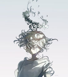 Rule 34 | 1other, artist name, azma, blonde hair, blue eyes, commentary request, dissolving, dissolving clothes, floating, floating hair, floating object, flower, flower wreath, grey background, grey hair, hair over one eye, head wreath, highres, light brown hair, light smile, looking at viewer, one eye covered, original, petals, sad, shirt, short hair, simple background, smile, t-shirt, upper body, white flower, white shirt