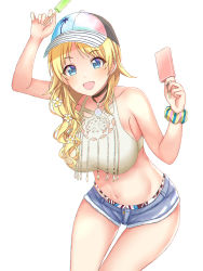 Rule 34 | 1girl, :d, arm up, bare shoulders, baseball cap, black choker, black hat, blonde hair, blue eyes, blue shorts, breasts, choker, collarbone, commentary request, crop top, flower, food, gatchapowa, hachimiya meguru, hair flower, hair ornament, hand up, hat, highres, holding, holding food, idolmaster, idolmaster shiny colors, long hair, looking at viewer, medium breasts, navel, open mouth, popsicle, scrunchie, shirt, short shorts, shorts, simple background, sitting, sleeveless, sleeveless shirt, smile, solo, thigh gap, white background, white flower, white shirt, wrist scrunchie