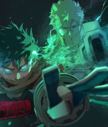 Rule 34 | 2boys, blurry, blurry foreground, boku no hero academia, cape, commentary, english commentary, english text, flick, fog, foreshortening, freckles, gloves, glowing, glowing eyes, green eyes, green hair, green theme, hand on own arm, high collar, highres, looking at viewer, male focus, midoriya izuku, multiple boys, outstretched arm, scar, scar on face, short hair, spoilers, trubwlsum, twitter username, v-shaped eyebrows, weapon, yellow cape