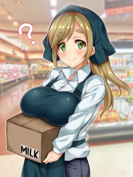 Rule 34 | 1girl, apron, blush, box, breast rest, breasts, brown hair, carried breast rest, carrying, collared shirt, commentary request, dress shirt, employee uniform, fang, fang out, food, green eyes, head scarf, highres, indoors, inuyama aoi, kuragari, large breasts, long hair, long sleeves, looking at viewer, pants, shirt, skin fang, smile, solo, takuan, thick eyebrows, uniform, white shirt, yurucamp