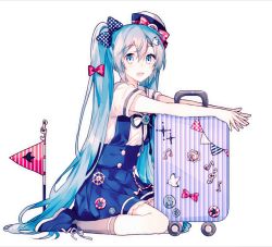 Rule 34 | 1girl, anchor print, bad id, bad pixiv id, badge, beamed eighth notes, bird, blue eyes, blue footwear, blue hair, blue skirt, bow, buttons, double-breasted, eighth note, flag, hair bow, hat, hat bow, hatsune miku, highres, long hair, looking at viewer, luggage, migolu, musical note, polka dot, polka dot bow, red bow, rolling suitcase, sailor collar, ship&#039;s wheel, shirt, shoes, short sleeves, sitting, skirt, smile, sneakers, socks, solo, sticker, striped, suitcase, suspender skirt, suspenders, treble clef, twintails, very long hair, vocaloid, wariza, white shirt