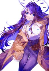 Rule 34 | 1girl, absurdres, alternate hairstyle, armpits, bag, black hair, blue eyes, blue hair, blue halo, breasts, brown coat, bug, butterfly, coat, denim, hair intakes, halo, handbag, high-waist pants, highres, hololive, hololive english, insect, jeans, large breasts, light smile, long hair, long sleeves, looking at viewer, multicolored hair, open clothes, open coat, ouro kronii, pants, shirt, shirt tucked in, sidelocks, sleeveless, sleeveless shirt, sleeves past fingers, sleeves past wrists, smile, solo, somewhatdino, streaked hair, turtleneck, turtleneck shirt, very long hair, virtual youtuber, white shirt