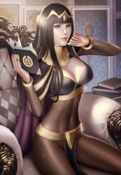 Rule 34 | 1girl, audia pahlevi, black hair, bodystocking, breasts, cleavage, fire emblem, fire emblem awakening, highres, hime cut, large breasts, long hair, looking at viewer, nintendo, solo, tharja (fire emblem), tiara