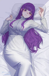 Rule 34 | 1girl, absurdres, artist name, blunt bangs, blush, breasts, closed mouth, dress, fern (sousou no frieren), hands up, highres, large breasts, long dress, long sleeves, looking at viewer, lucky strike (artist), lying, on back, on bed, pillow, purple eyes, purple hair, solo, sousou no frieren, white dress