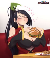 Rule 34 | 1girl, absurdres, arc system works, black hair, blazblue, breasts, burger, cleavage, glasses, highres, large breasts, litchi faye ling, long hair, solo