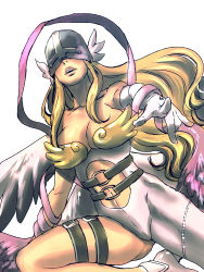 Rule 34 | 1girl, angel, angel wings, angewomon, asymmetrical clothes, bad id, bad pixiv id, bare shoulders, belt, blonde hair, breasts, cleavage, covered eyes, digimon, digimon (creature), gloves, head wings, helmet, highres, katou teppei, large breasts, long hair, midriff, multiple wings, open mouth, simple background, solo, visor, white background, wings
