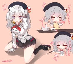 Rule 34 | 1girl, :3, absurdres, apron, bandaged head, bandages, beret, black headwear, black legwear, black skirt, book, bowl, buttons, epaulettes, hat, highres, holding, holding book, holding spoon, jacket, kantai collection, kashima (kancolle), long sleeves, military jacket, miniskirt, momimaki, multiple views, neckerchief, pleated skirt, purple eyes, red neckerchief, sidelocks, silver hair, sitting, skirt, socks, spoon, tearing up, translation request, twintails, wavy hair, white jacket