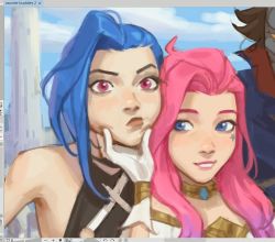 Rule 34 | 1boy, 2girls, arcane: league of legends, arcane jinx, bare shoulders, blue hair, brown shirt, collar, gloves, hand on another&#039;s chin, hand up, jinx (league of legends), kherl, league of legends, long hair, looking at viewer, multiple girls, pink eyes, pink hair, portrait, seraphine (league of legends), shirt, sideways glance, smile, star tattoo, tattoo, teeth, viktor (league of legends), white gloves