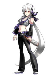 Rule 34 | 1girl, ahoge, bare shoulders, belt, black pants, black sleeves, blush, bottle, bow, breasts, caffein, cleavage, crop top, detached sleeves, full body, grey shirt, hair bow, headset, highres, holding, holding bottle, long hair, looking at viewer, medium breasts, midriff, nail polish, navel, official art, pants, parted lips, ponytail, purple nails, red eyes, sake bottle, shirt, shoulder tattoo, silver hair, sleeveless, sleeveless shirt, solo, standing, stomach, striped, striped bow, tattoo, very long hair, vocaloid, vocaloid boxart pose, white background, white footwear, yowane haku