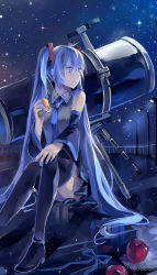 Rule 34 | 1girl, apple, bad id, bad pixiv id, blue eyes, blue hair, boots, detached sleeves, food, fruit, hatsune miku, highres, long hair, matching hair/eyes, necktie, sitting, skirt, sky, solo, star (sky), starry sky, telescope, thigh boots, thighhighs, twintails, very long hair, vocaloid, zhanzhan lan