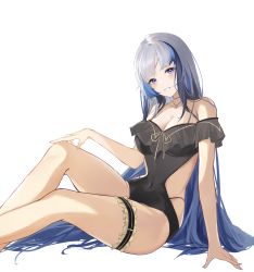 Rule 34 | 1girl, absurdres, bare legs, bare shoulders, black one-piece swimsuit, blue eyes, blue hair, blush, breasts, bridal garter, cleavage, commentary request, covered navel, feet out of frame, girls&#039; frontline, girls&#039; frontline neural cloud, grin, head tilt, highres, hubble (neural cloud), large breasts, long hair, looking at viewer, multicolored hair, off-shoulder one-piece swimsuit, off shoulder, one-piece swimsuit, silver hair, simple background, sitting, smile, solo, swimsuit, thighs, very long hair, white background, xiaobei