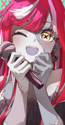 Rule 34 | 1girl, ;d, azusa (azunyan12), blush, colored skin, earrings, grey skin, hands up, highres, holding, holding microphone, hololive, hololive indonesia, jewelry, kureiji ollie, looking at viewer, microphone, multicolored hair, one eye closed, open mouth, patchwork skin, red hair, smile, solo, stitched arm, stitched face, stitches, streaked hair, teeth, udin (kureiji ollie), upper teeth only, virtual youtuber, white hair, yellow eyes
