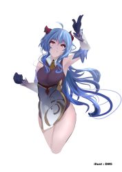 Rule 34 | absurdres, armpits, blue hair, breasts, chinese clothes, dm5fr, ganyu (genshin impact), genshin impact, gloves, hand up, highres, large breasts, long hair, looking at viewer, smile, thighs, white background