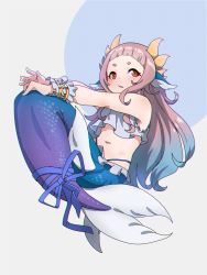 Rule 34 | 1girl, animal ears, bare shoulders, blue background, blue hair, blue ribbon, blush, borrowed character, brown eyes, brown hair, commentary request, crop top, forehead, full body, gradient hair, grey background, highres, horns, kuro kosyou, long hair, mermaid, monster girl, multicolored hair, navel, original, outstretched arms, parted lips, ribbon, short eyebrows, solo, thick eyebrows, two-tone background, very long hair, wrist cuffs