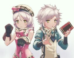 Rule 34 | 1boy, 1girl, :o, bare shoulders, black gloves, book, bow, braid, brother and sister, character request, clanne (fire emblem), fire emblem, fire emblem engage, framme (fire emblem), gauntlets, gloves, green bow, grey hair, hat, hat bow, holding, holding book, long sleeves, looking at viewer, medium hair, miraioranji, nintendo, pink bow, scarf, siblings, simple background, single braid, sleeveless, smile, twins, upper body, white background, yellow eyes
