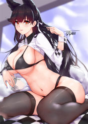 Rule 34 | 1girl, atago (azur lane), atago (stunning speedster) (azur lane), azur lane, bikini, black bikini, black hair, black thighhighs, blush, breasts, highleg, highleg bikini, highres, large breasts, long hair, long sleeves, looking at viewer, mole, mole under eye, navel, parted lips, race queen, ribbon, shrug (clothing), sitting, smile, swept bangs, swimsuit, thighhighs, thighs, toyoman, wariza, white ribbon, wrist cuffs