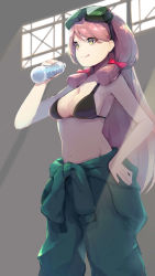 Rule 34 | 1girl, :p, absurdres, akashi (kancolle), alternate costume, black bra, bottle, bra, breasts, cleavage, clothes around waist, from side, goggles, goggles on head, green jumpsuit, hair ribbon, highres, holding, holding bottle, jumpsuit, kantai collection, long hair, medium breasts, midriff, navel, pink hair, ribbon, sashimi0gou, sideboob, solo, tongue, tongue out, tress ribbon, underwear, yellow eyes